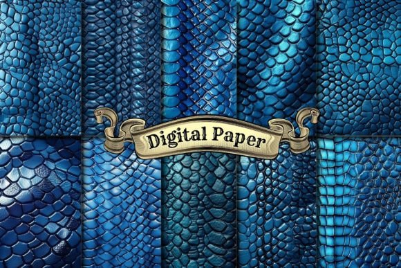 Blue Leather Snake and Croc Skin Digital Paper Collection