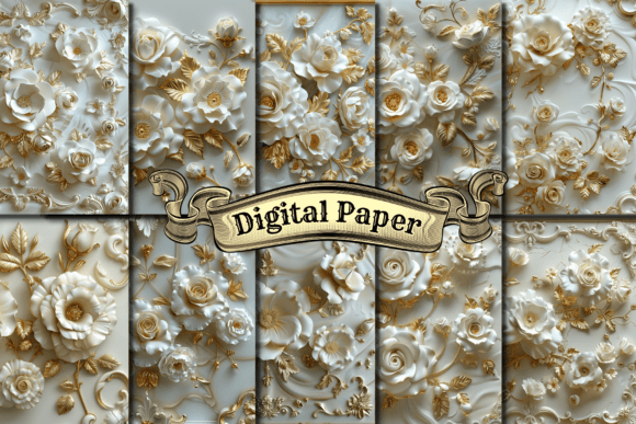 Elevate Your Creative Projects with Luxurious White and Gold Floral Digital Patterns