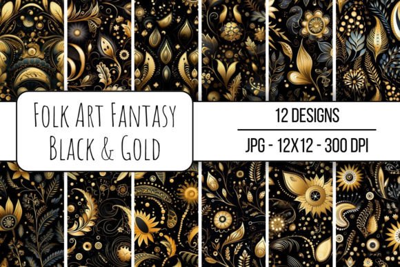 Folk Art Fantasy Black and Gold Digital Patterns