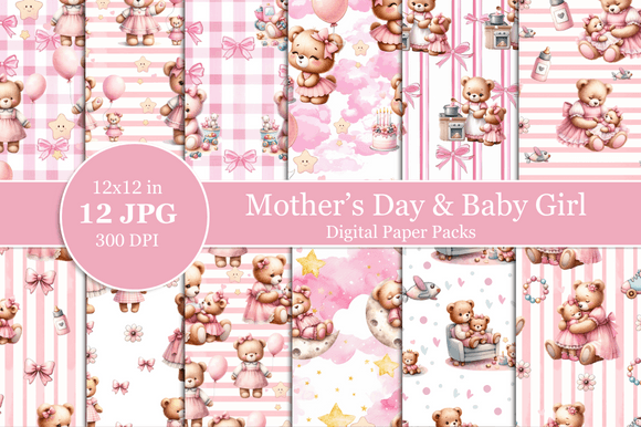 Mothers Day Baby Girl Digital Paper for Designers