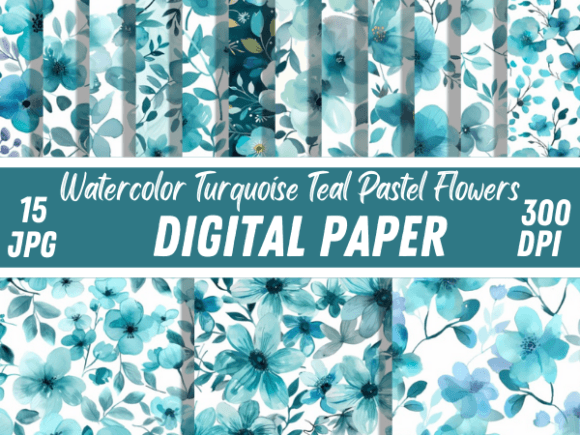 Watercolor Turquoise Teal Pastel Flowers